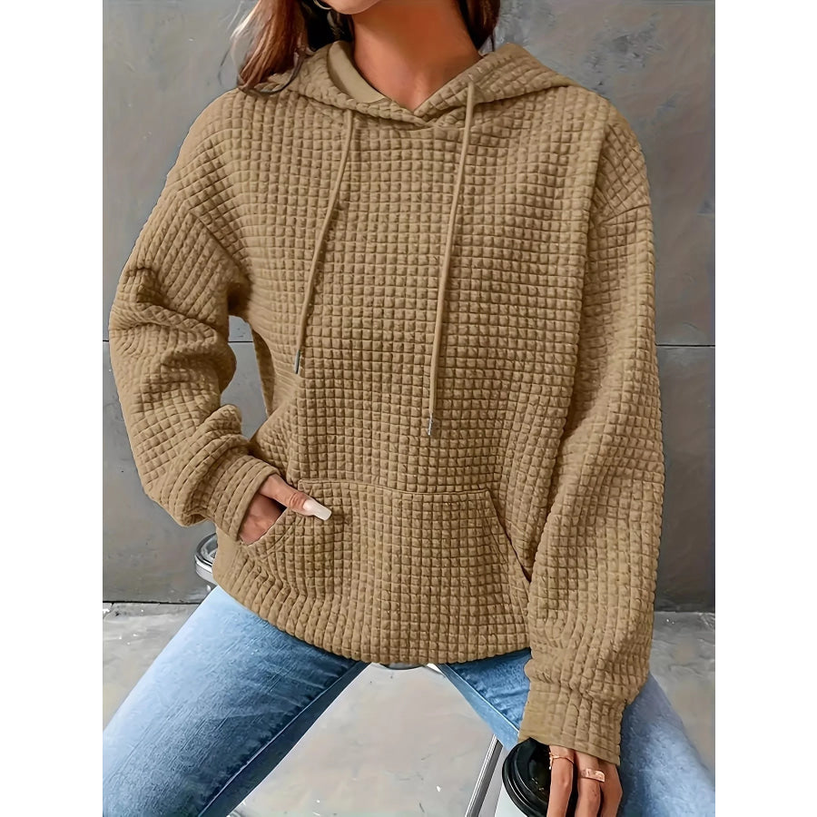 Textured Knit Drawstring Hoodie Khaki / S Apparel and Accessories