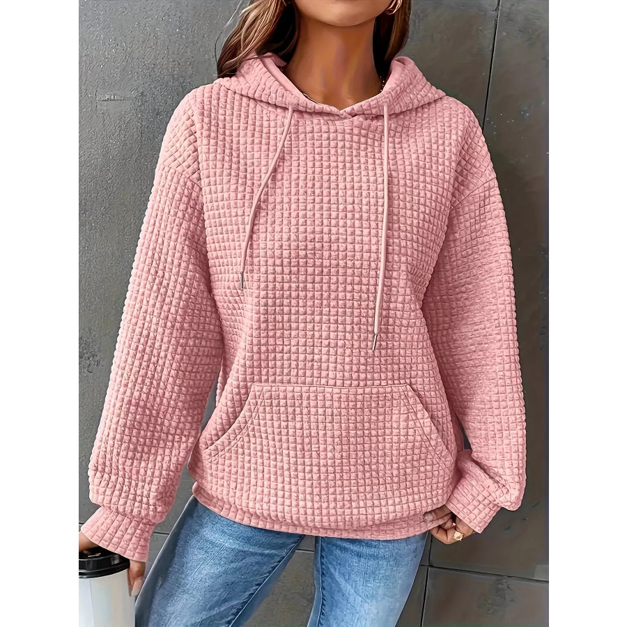 Textured Knit Drawstring Hoodie Pink / S Apparel and Accessories