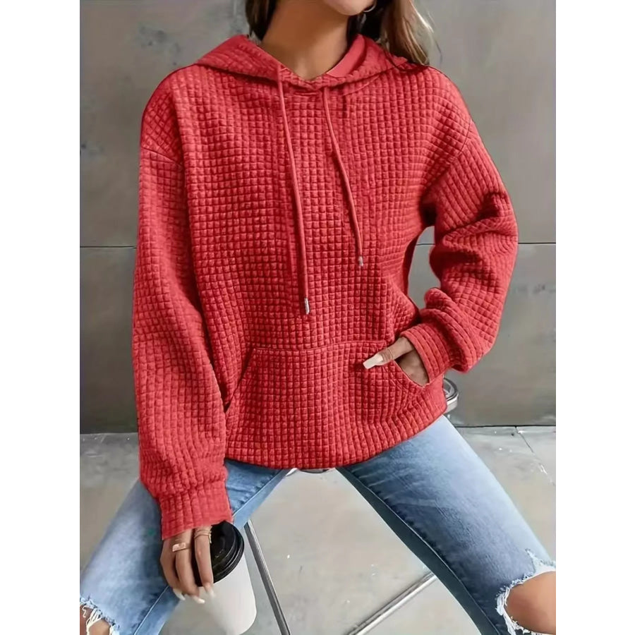 Textured Knit Drawstring Hoodie Red / S Apparel and Accessories