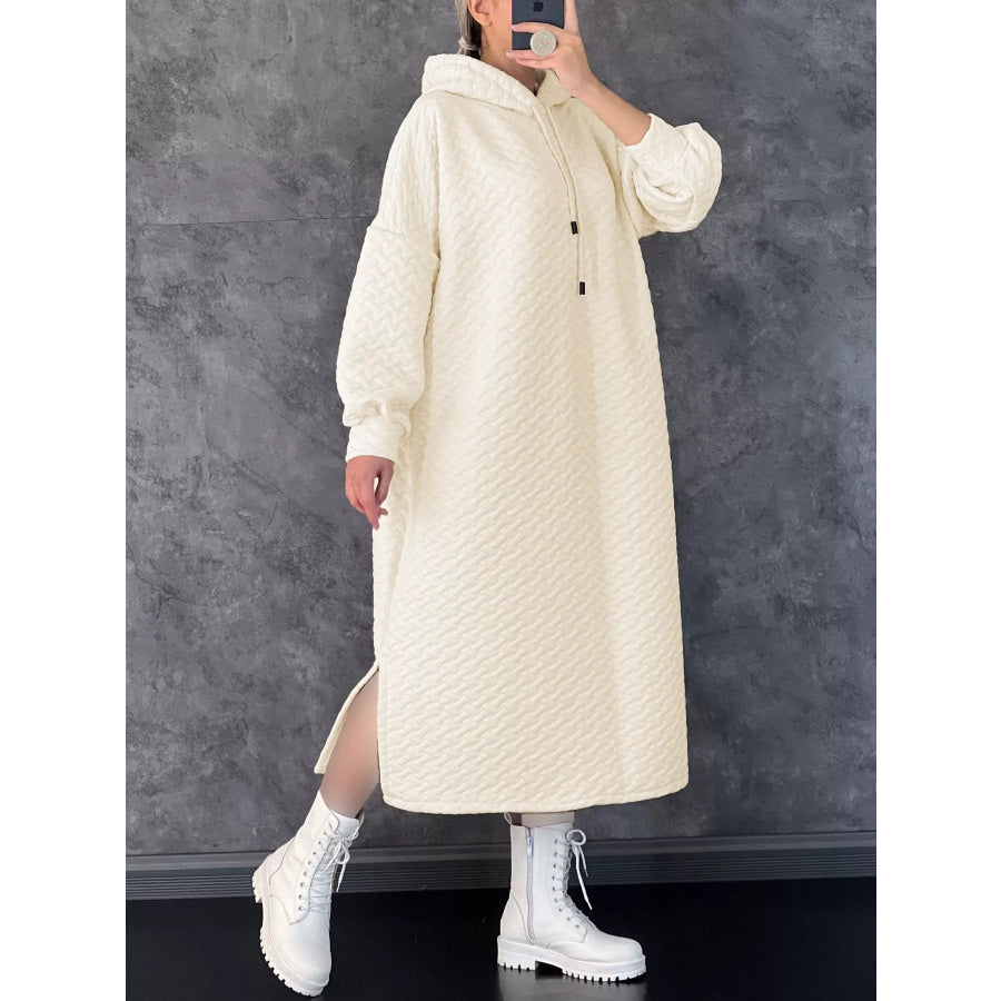 Textured Knit Hoodie Dress with Side Slit Ivory / S Apparel and Accessories
