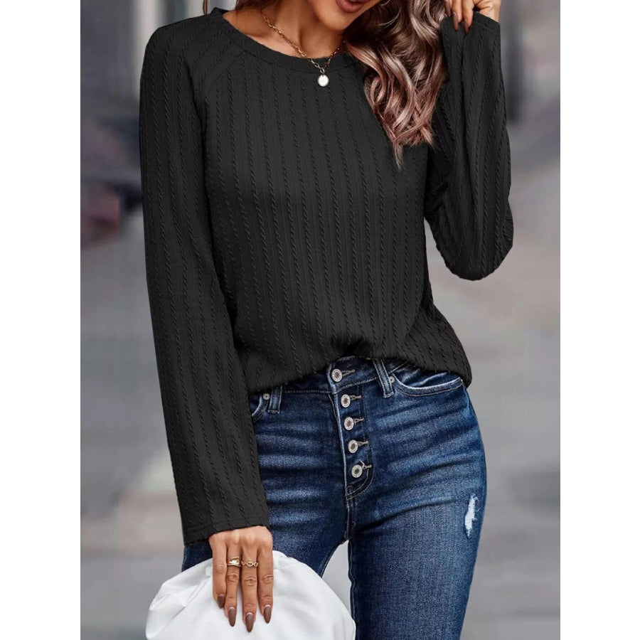 Textured Knit Long Sleeve T-Shirt Black / S Apparel and Accessories