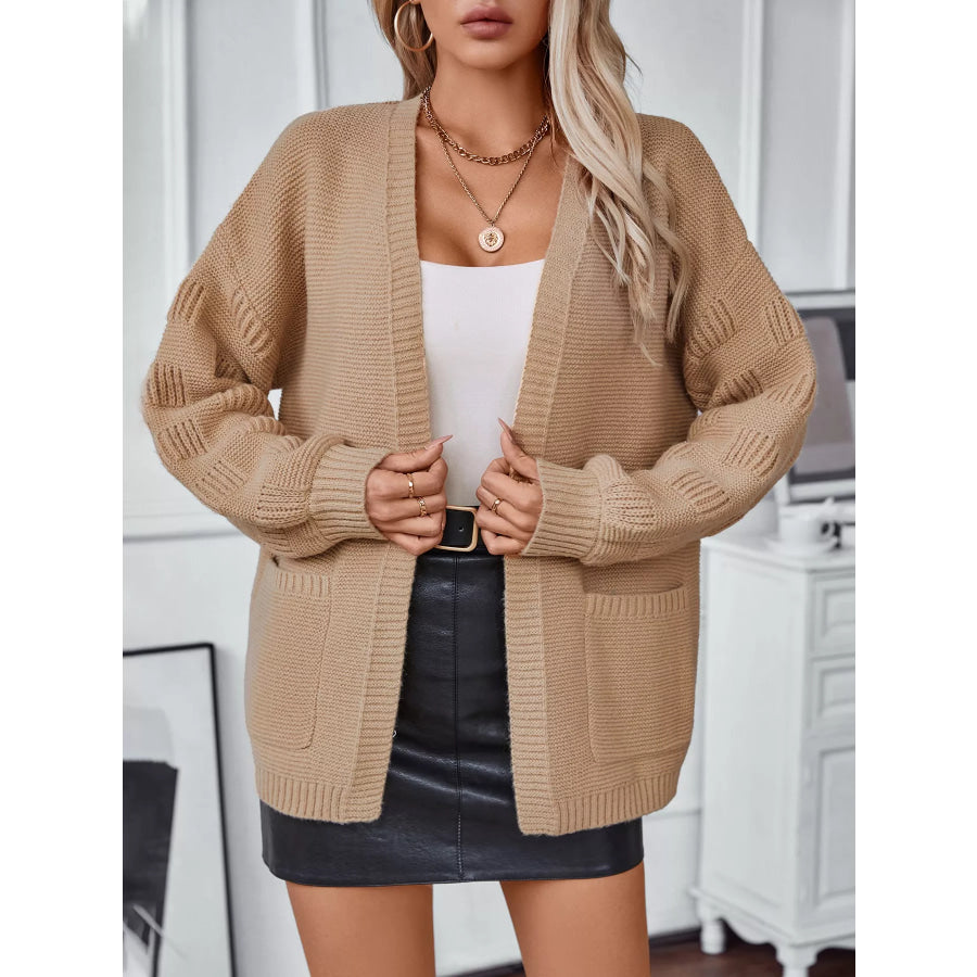 Textured Knit Open Front Cardigan Camel / S Apparel and Accessories