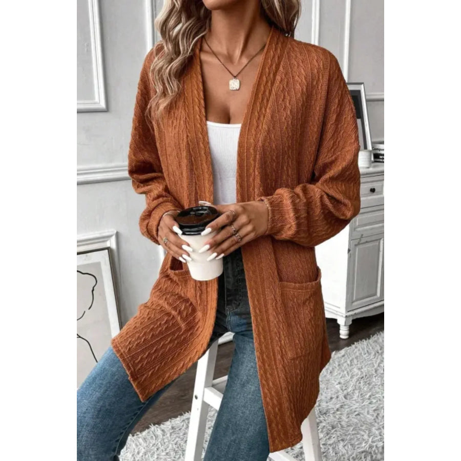 Textured Knit Open Front Cardigan Caramel / S Apparel and Accessories