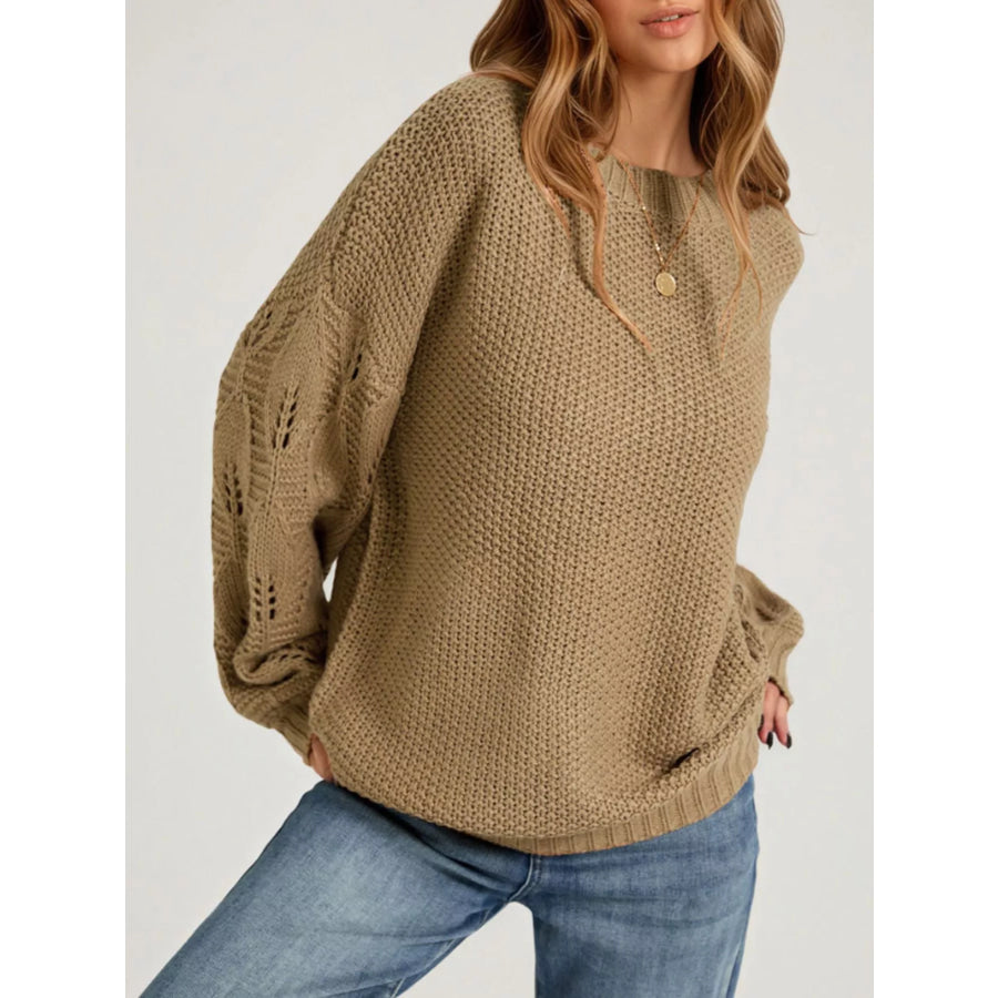 Textured Knit Openwork Dropped Shoulder Sweater Apparel and Accessories