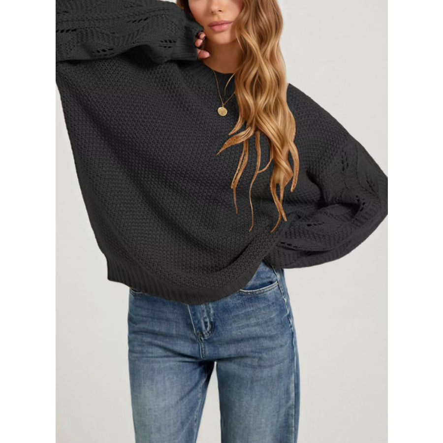 Textured Knit Openwork Dropped Shoulder Sweater Apparel and Accessories