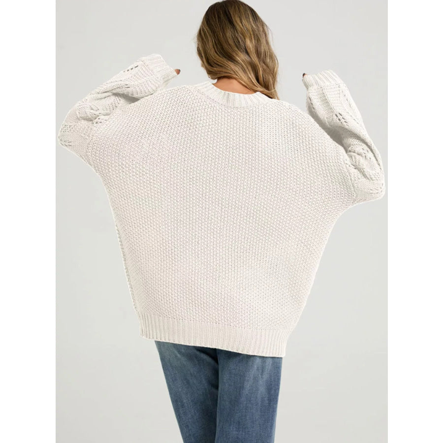 Textured Knit Openwork Dropped Shoulder Sweater Apparel and Accessories