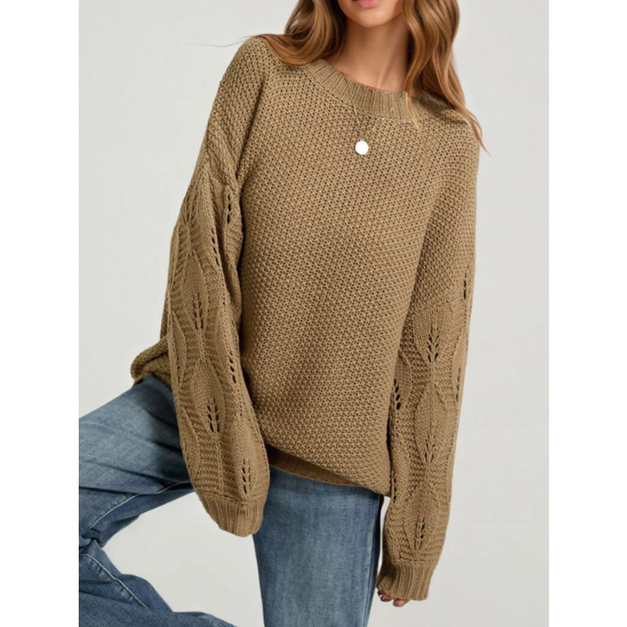 Textured Knit Openwork Dropped Shoulder Sweater Apparel and Accessories