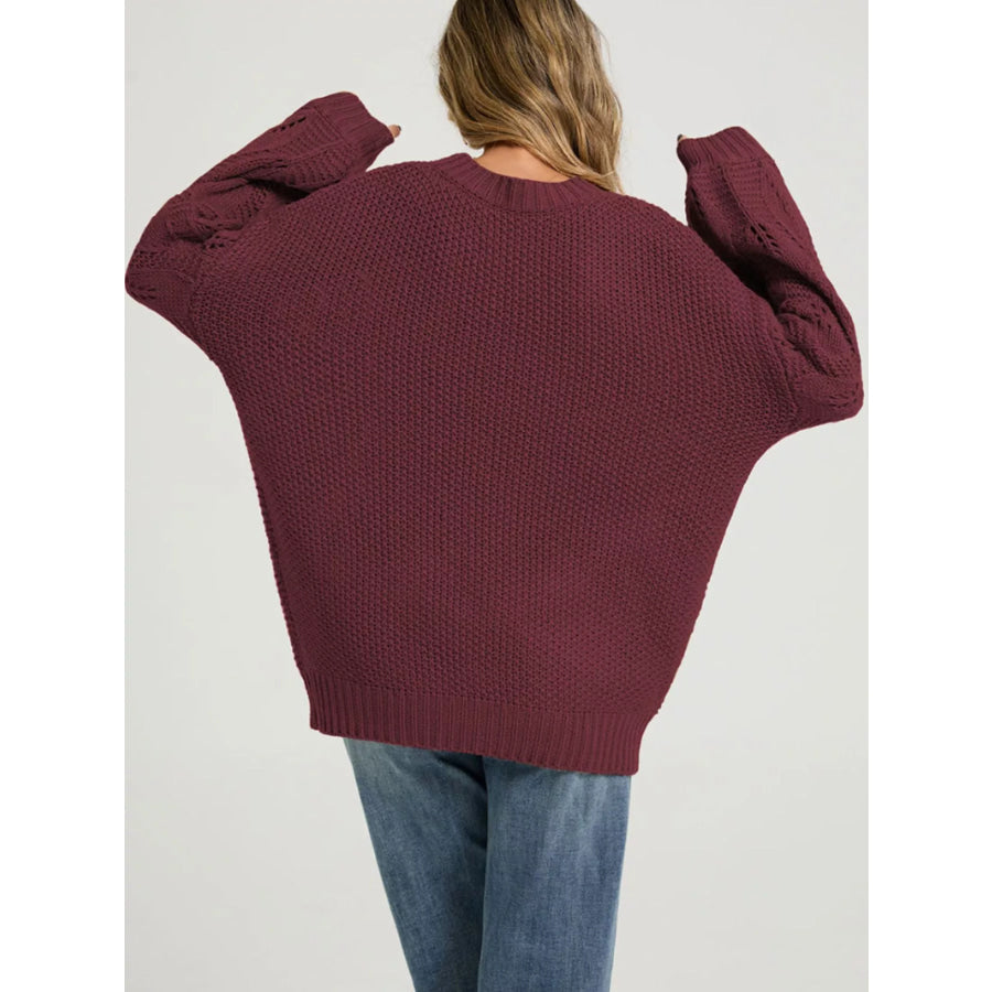 Textured Knit Openwork Dropped Shoulder Sweater Apparel and Accessories