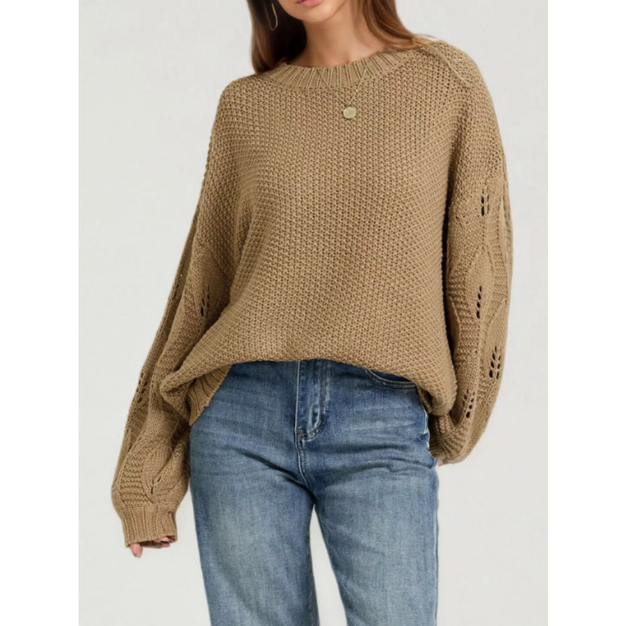 Textured Knit Openwork Dropped Shoulder Sweater Apparel and Accessories