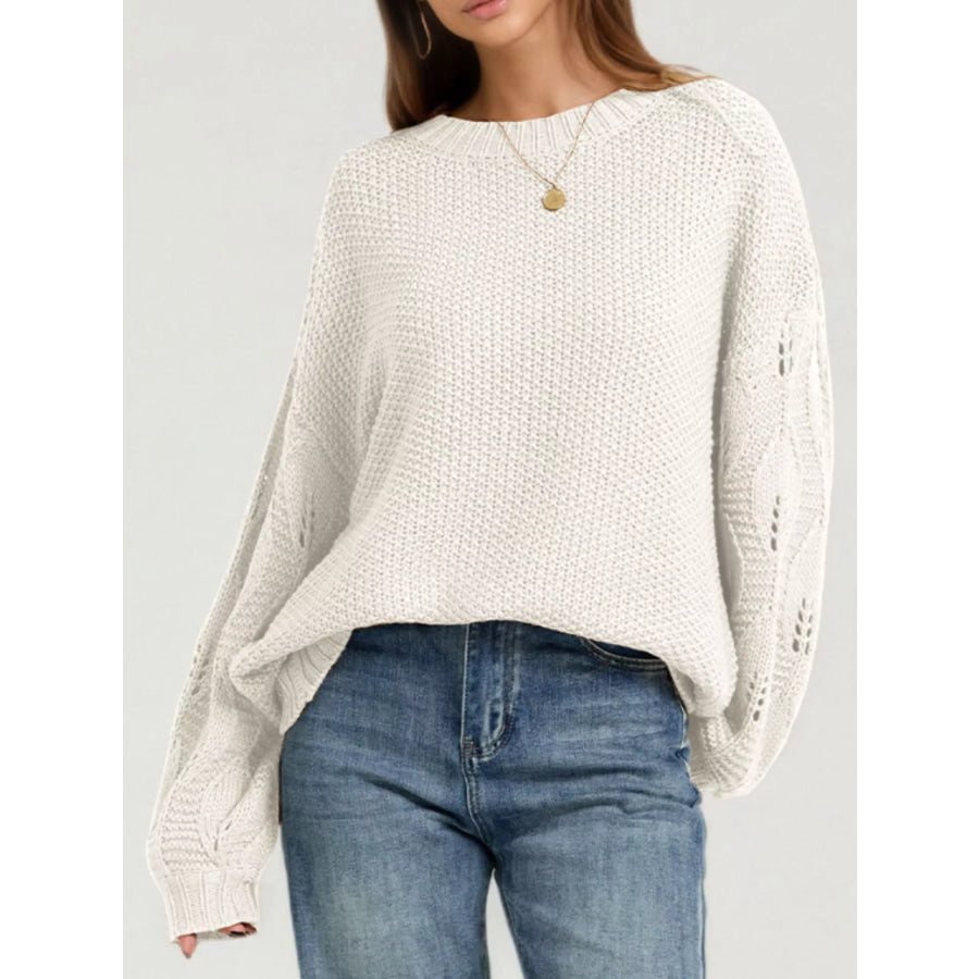 Textured Knit Openwork Dropped Shoulder Sweater Apricot / S Apparel and Accessories