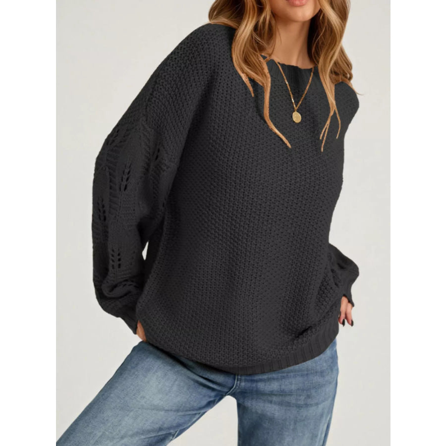 Textured Knit Openwork Dropped Shoulder Sweater Black / S Apparel and Accessories
