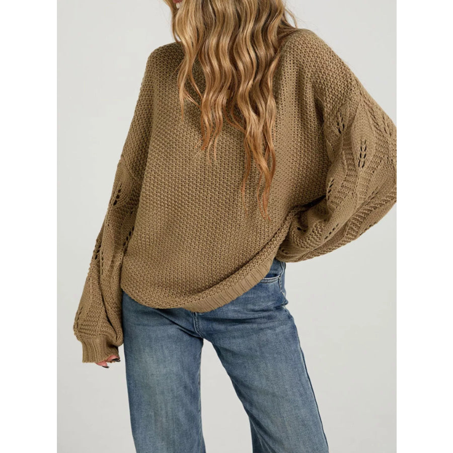 Textured Knit Openwork Dropped Shoulder Sweater Khaki / S Apparel and Accessories