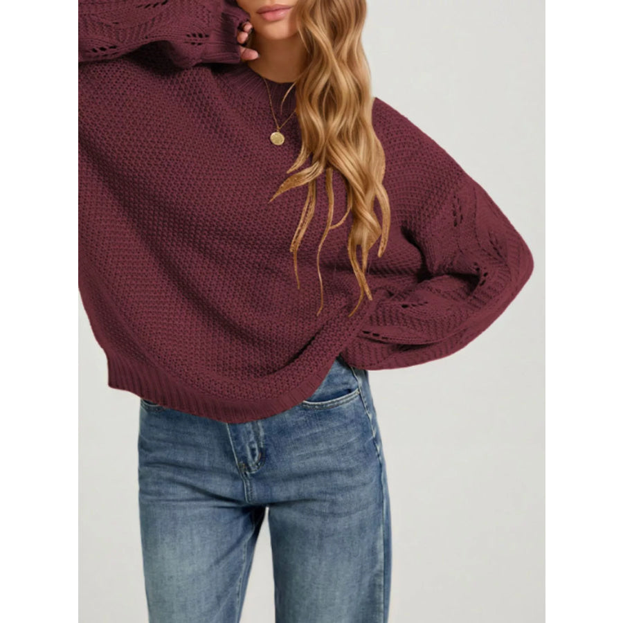 Textured Knit Openwork Dropped Shoulder Sweater Red / S Apparel and Accessories