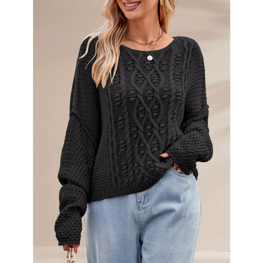 Textured Knit Round Neck Sweater Black / S Apparel and Accessories