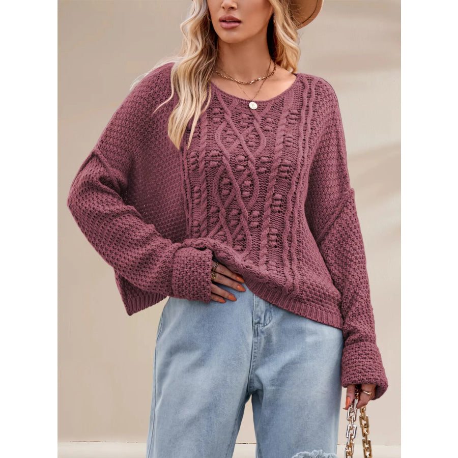 Textured Knit Round Neck Sweater Cerise / S Apparel and Accessories