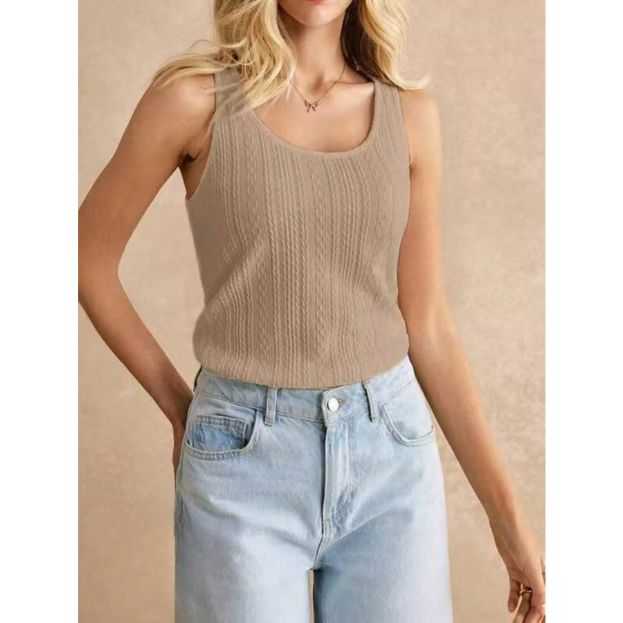 Textured Knit Scoop Neck Tank Khaki / XS Apparel and Accessories