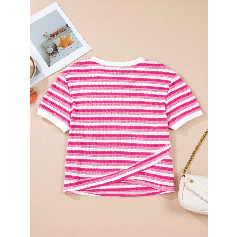 Textured Knit Short Sleeve Crossed Detail Tee Apparel and Accessories
