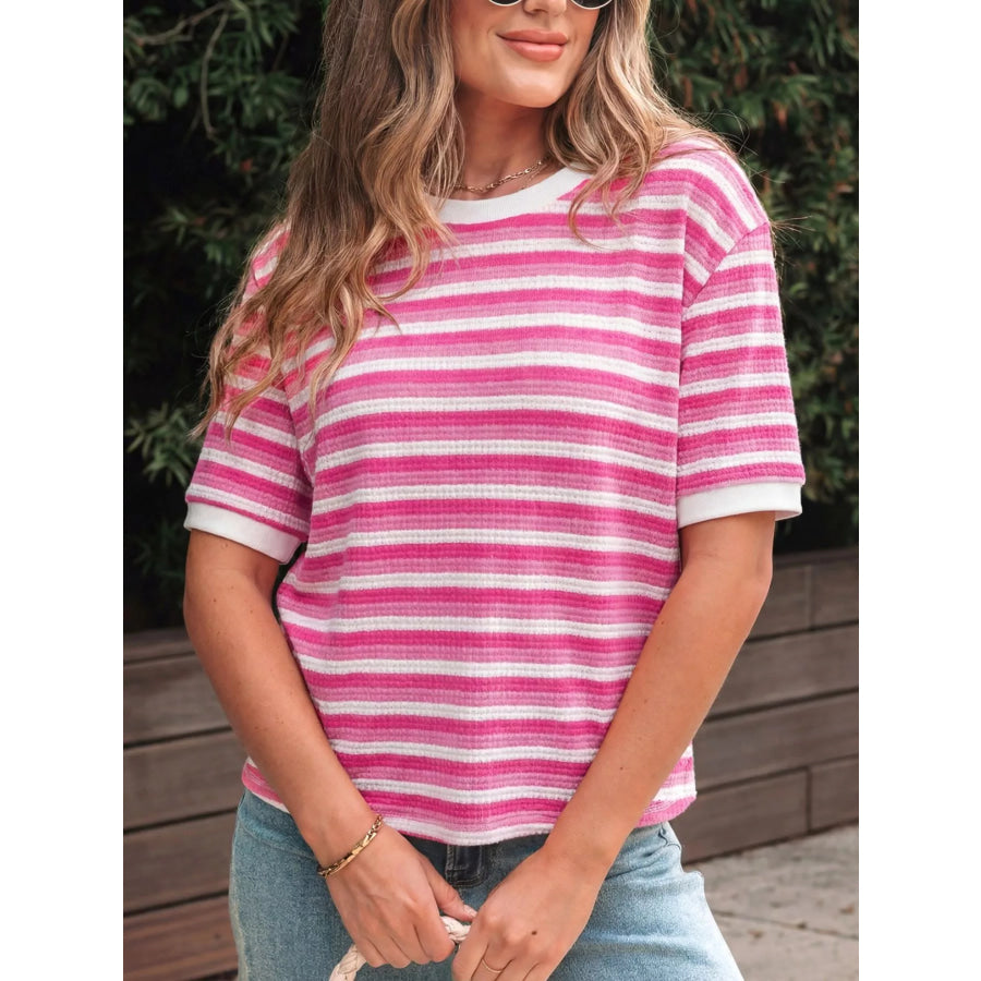 Textured Knit Short Sleeve Crossed Detail Tee Apparel and Accessories