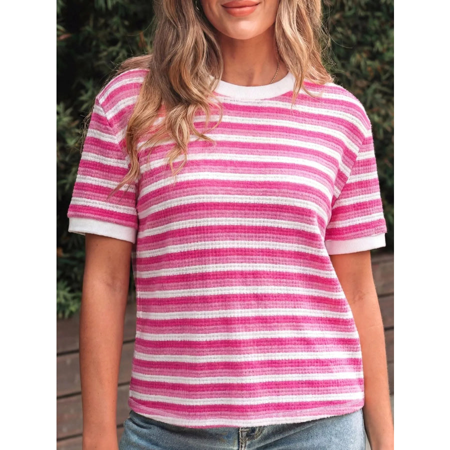 Textured Knit Short Sleeve Crossed Detail Tee Fuchsia Pink / S Apparel and Accessories