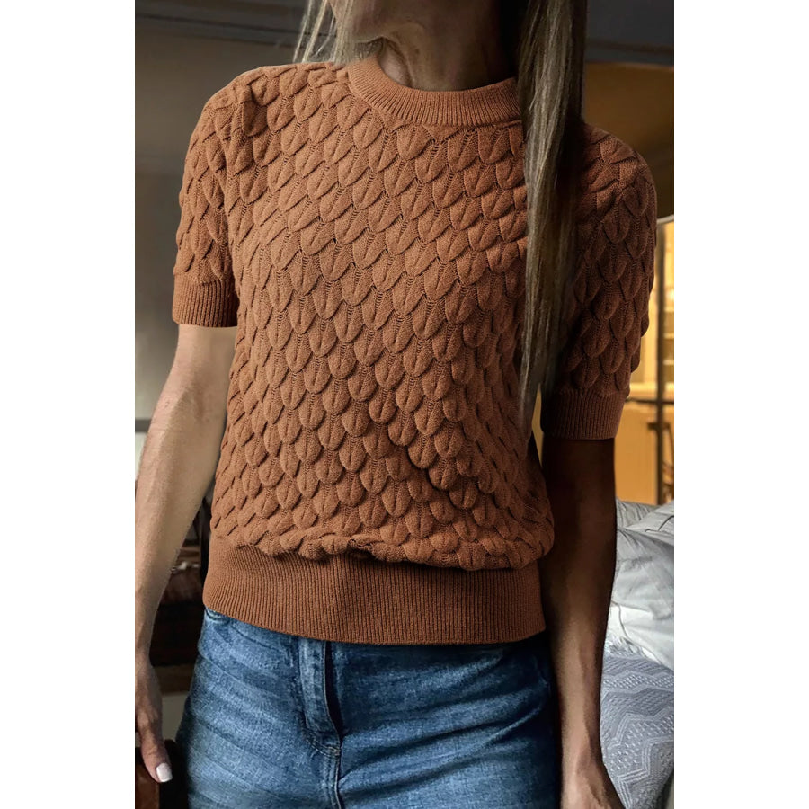 Textured Knit Short Sleeve Pullover Brown / S Apparel and Accessories