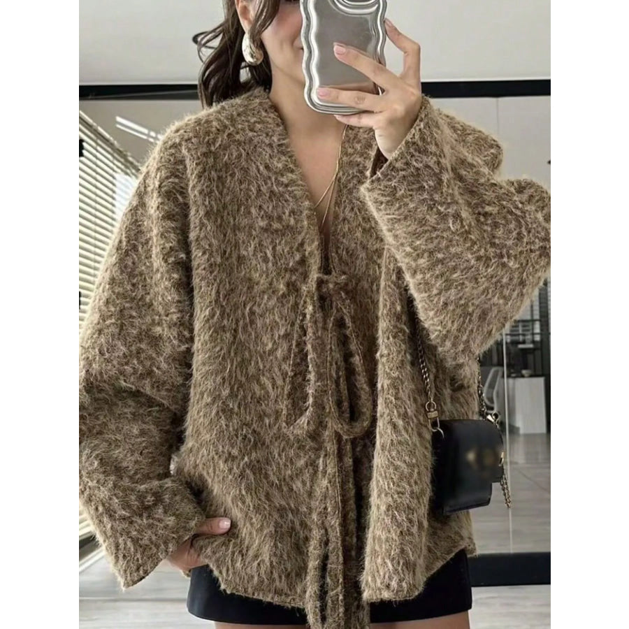 Textured Knit Tie-Front Outerwear Dark Brown / S Apparel and Accessories