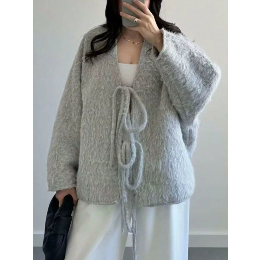Textured Knit Tie-Front Outerwear Silver Gray / S Apparel and Accessories