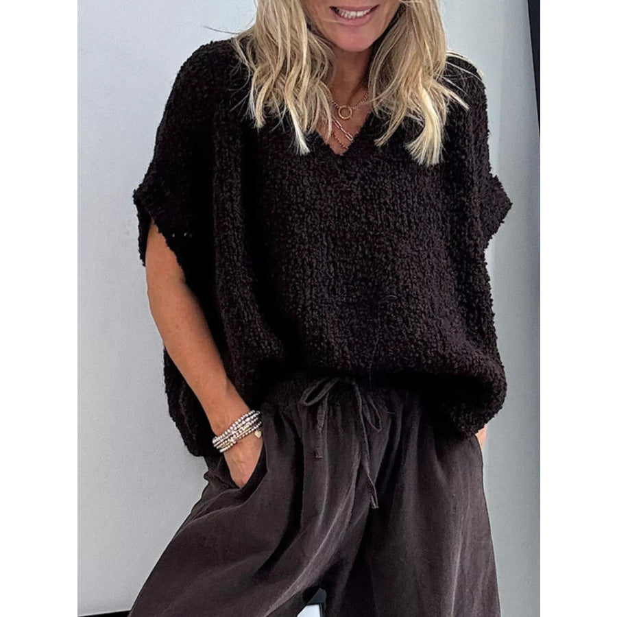 Textured Knit V-Neck Sweater Black / S Apparel and Accessories