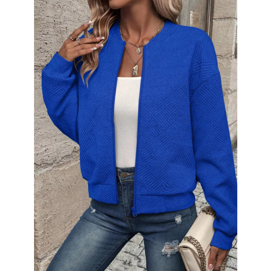 Textured Knit Zip-Up Bomber Jacket Apparel and Accessories