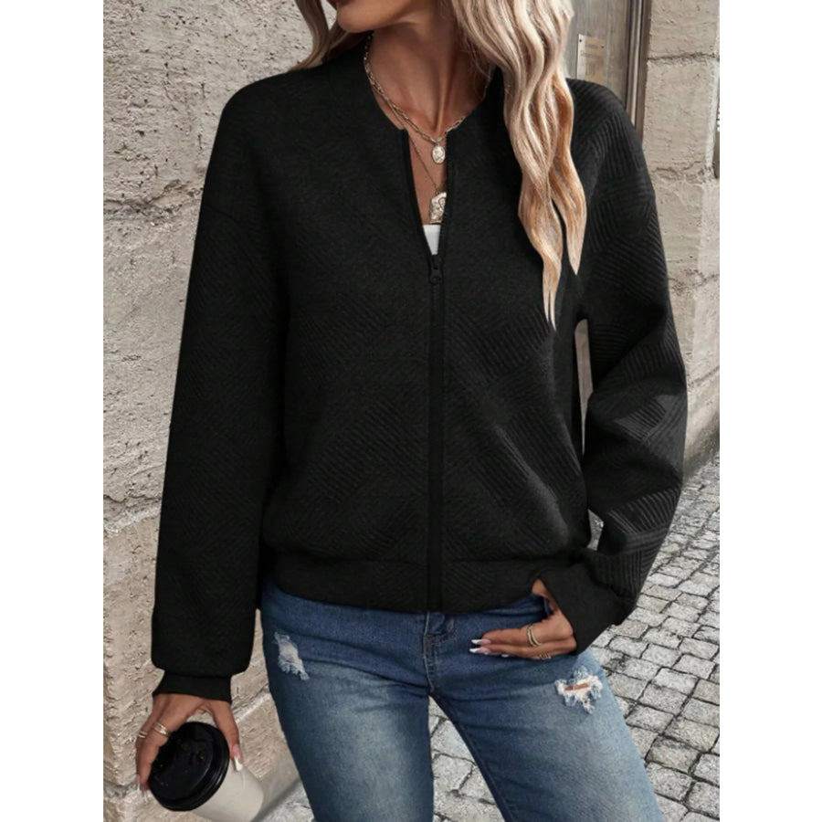 Textured Knit Zip-Up Bomber Jacket Apparel and Accessories