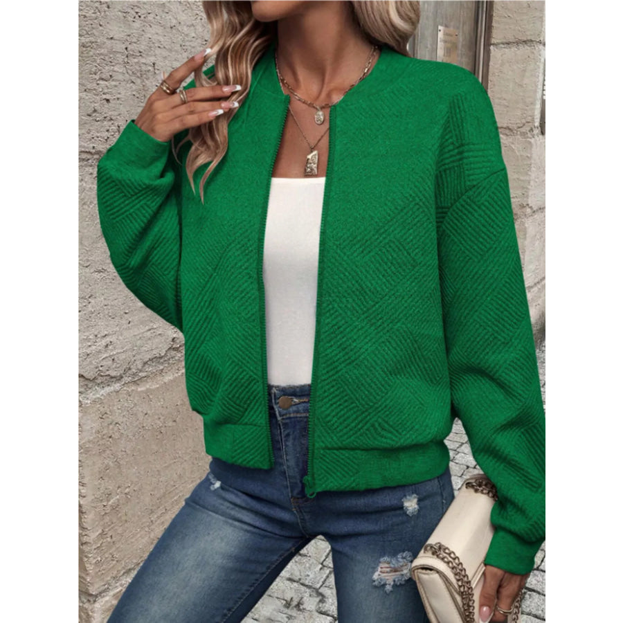 Textured Knit Zip-Up Bomber Jacket Apparel and Accessories
