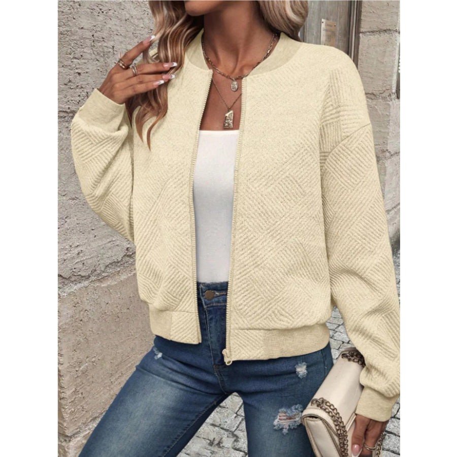 Textured Knit Zip-Up Bomber Jacket Apparel and Accessories