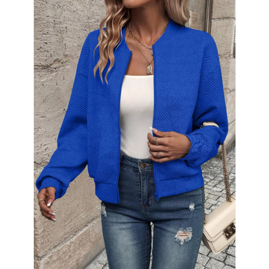 Textured Knit Zip-Up Bomber Jacket Apparel and Accessories