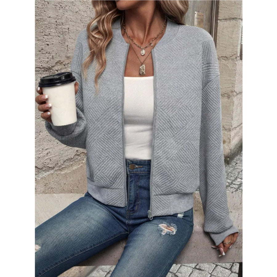 Textured Knit Zip-Up Bomber Jacket Apparel and Accessories