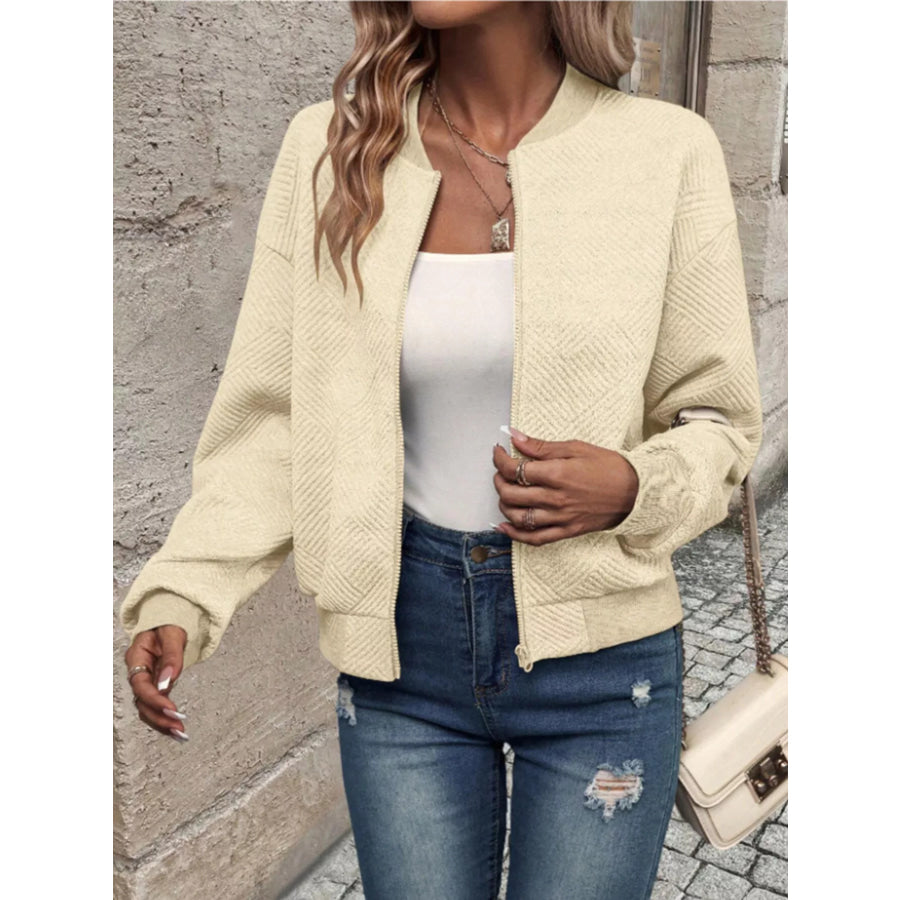 Textured Knit Zip-Up Bomber Jacket Apparel and Accessories