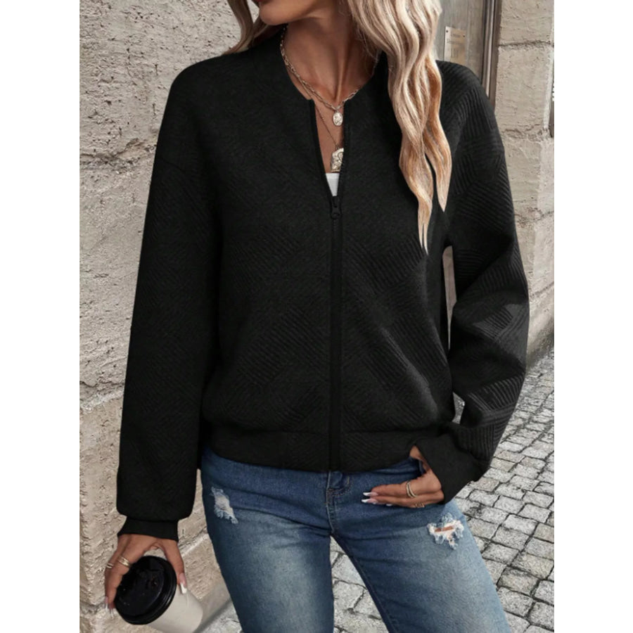 Textured Knit Zip-Up Bomber Jacket Apparel and Accessories