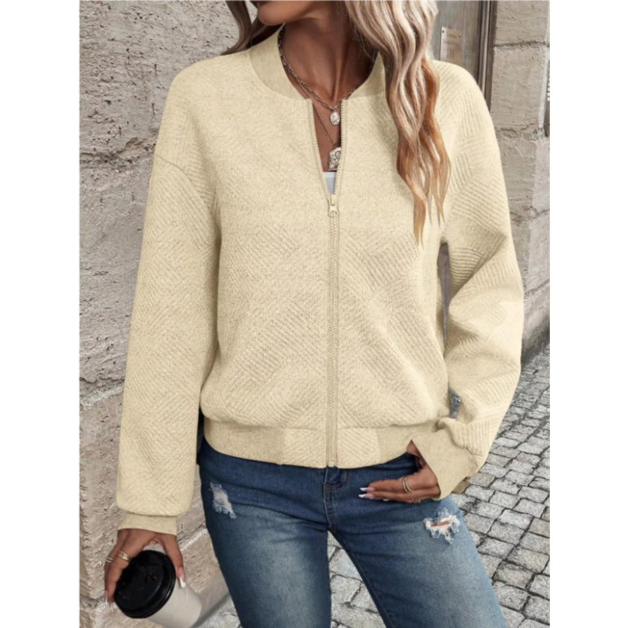 Textured Knit Zip-Up Bomber Jacket Apparel and Accessories
