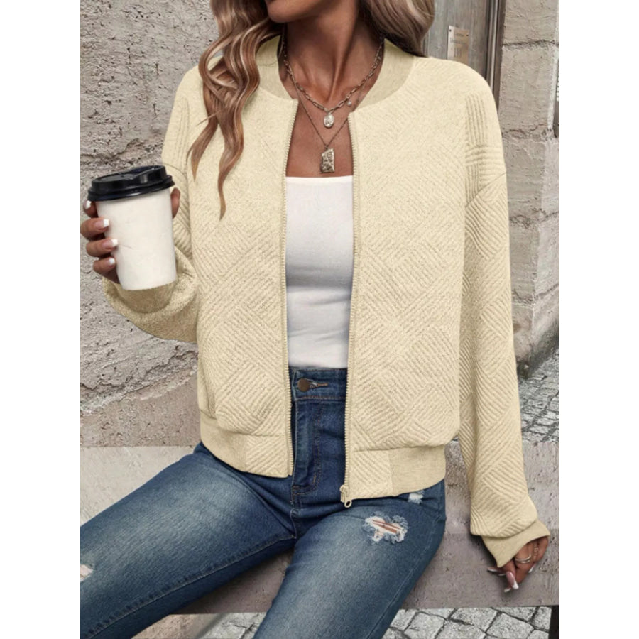Textured Knit Zip-Up Bomber Jacket Apparel and Accessories
