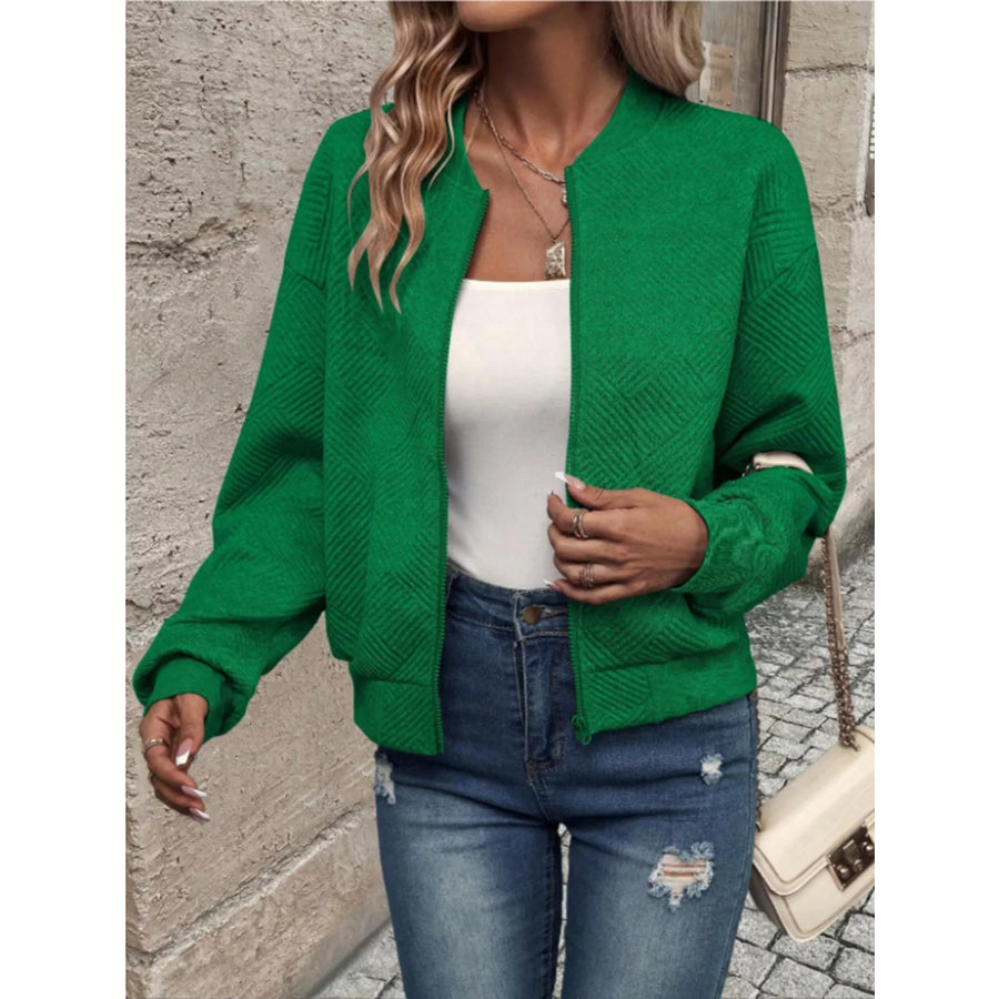 Textured Knit Zip-Up Bomber Jacket Apparel and Accessories