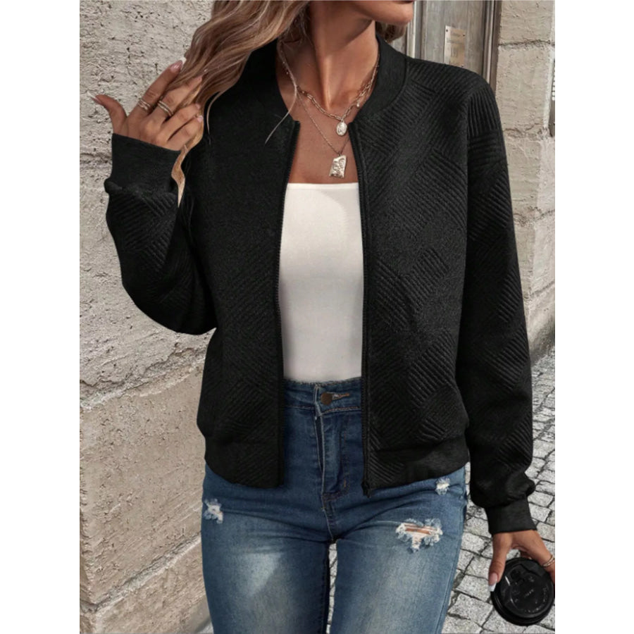 Textured Knit Zip-Up Bomber Jacket Black / S Apparel and Accessories