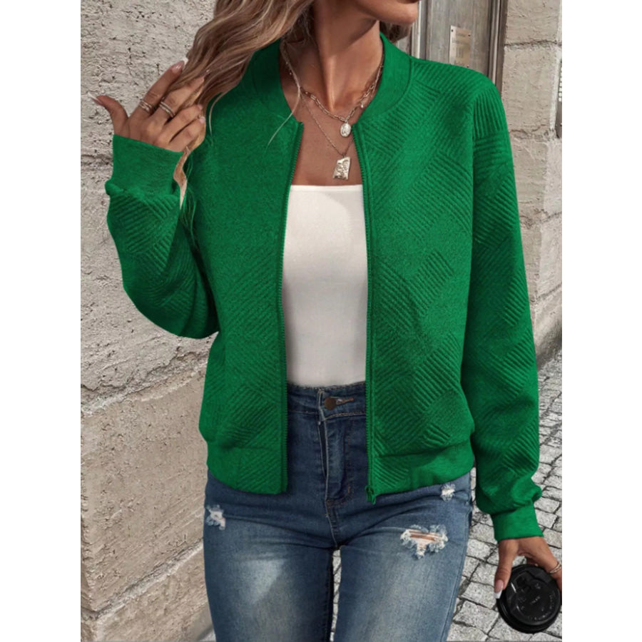 Textured Knit Zip-Up Bomber Jacket Green / S Apparel and Accessories