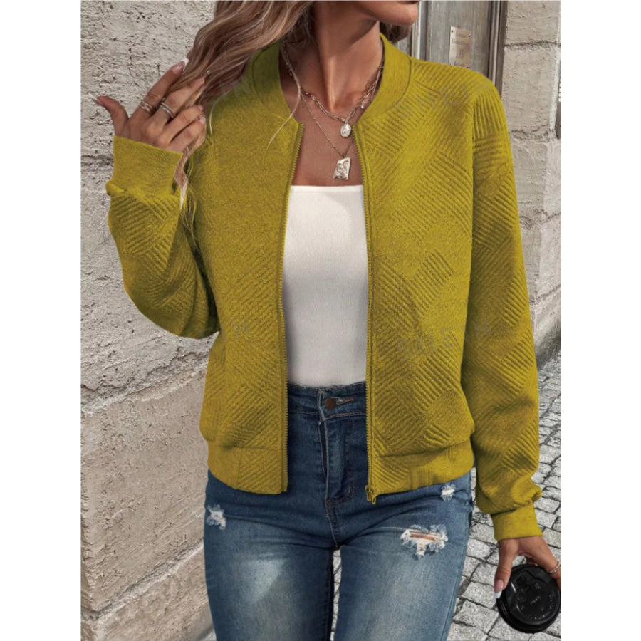 Textured Knit Zip-Up Bomber Jacket Khaki / S Apparel and Accessories