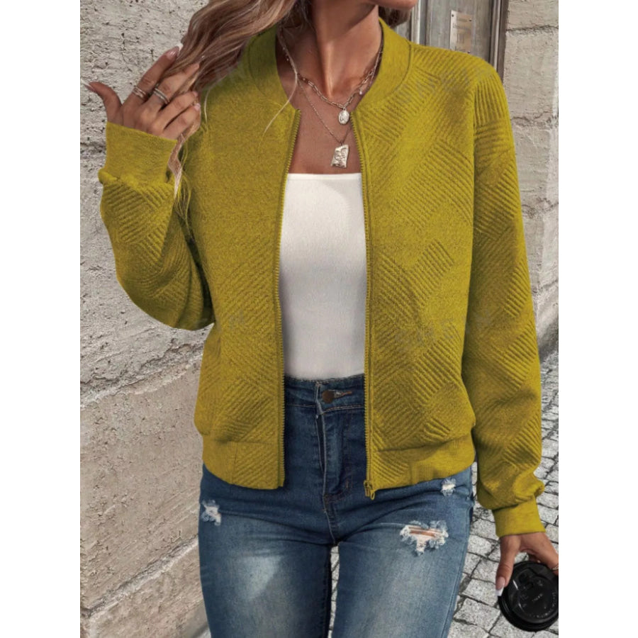 Textured Knit Zip-Up Bomber Jacket Khaki / S Apparel and Accessories