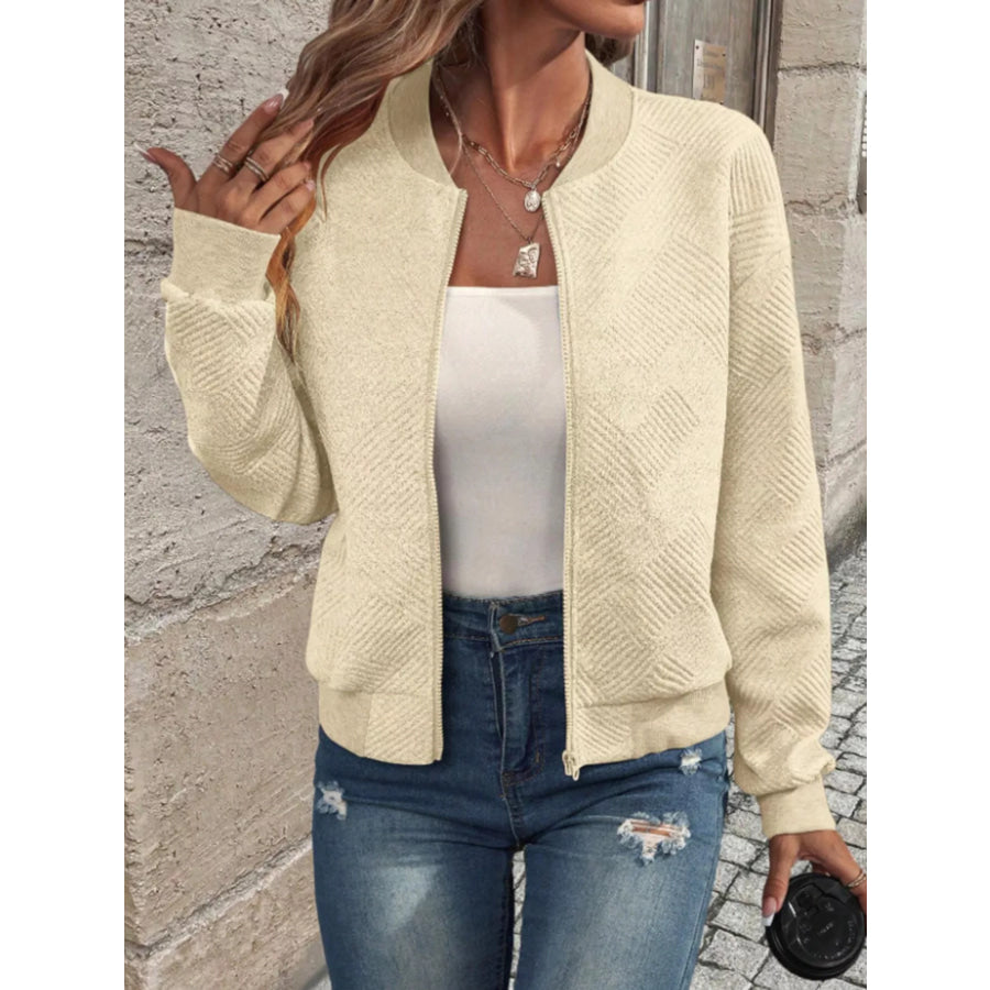 Textured Knit Zip-Up Bomber Jacket Light Yellow / S Apparel and Accessories