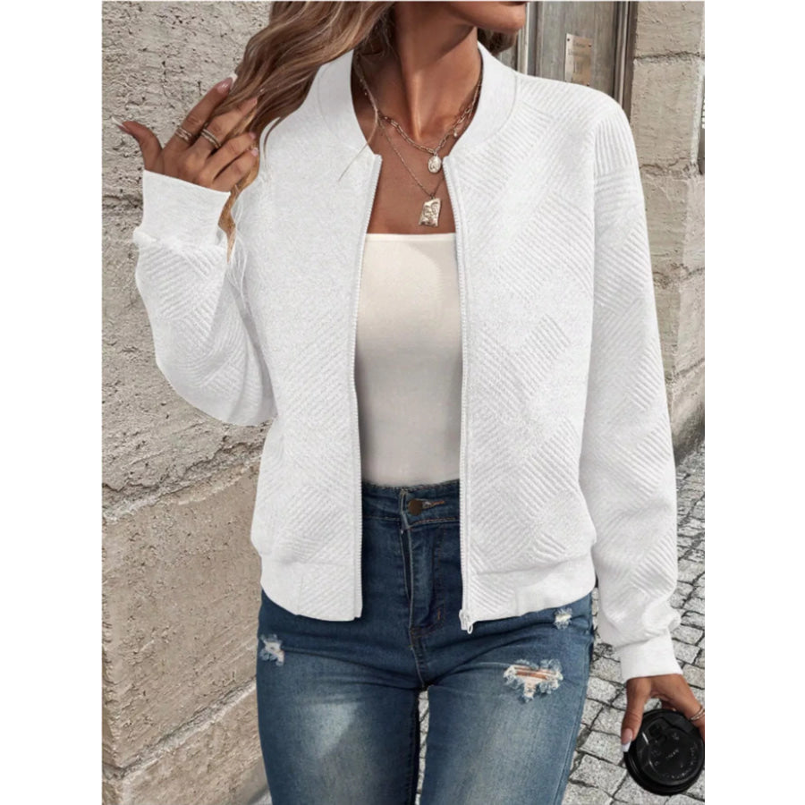 Textured Knit Zip-Up Bomber Jacket White / S Apparel and Accessories