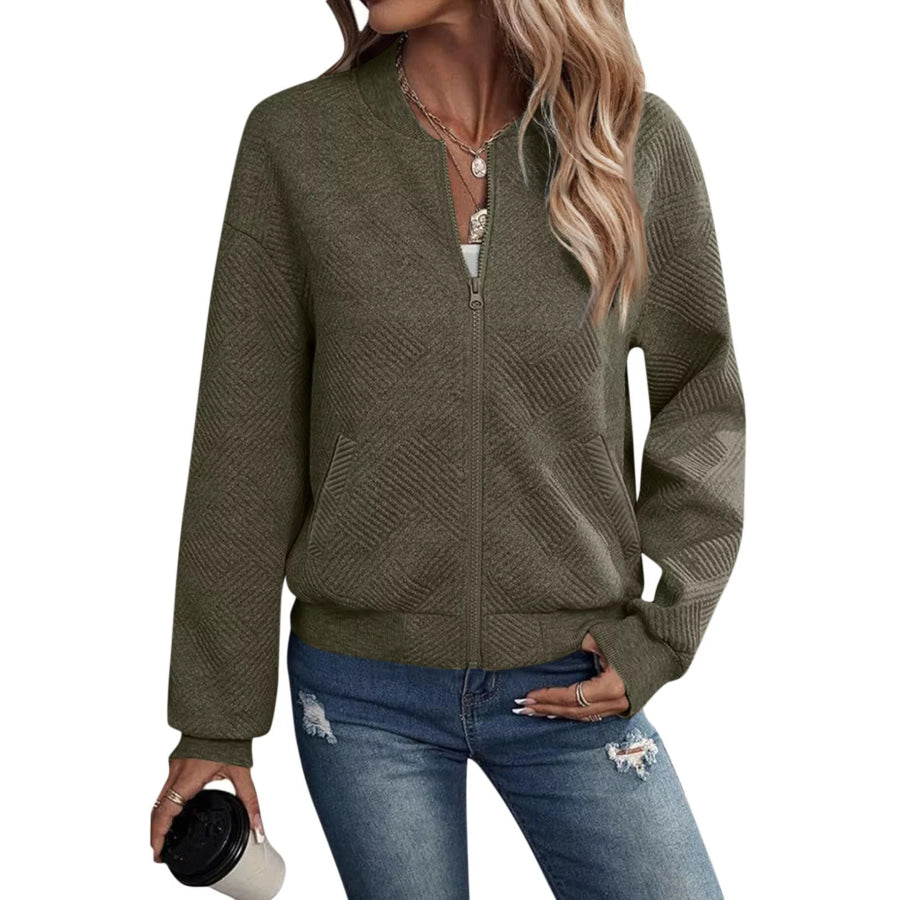 Textured Knit Zip-Up Jacket Army Green / S Apparel and Accessories