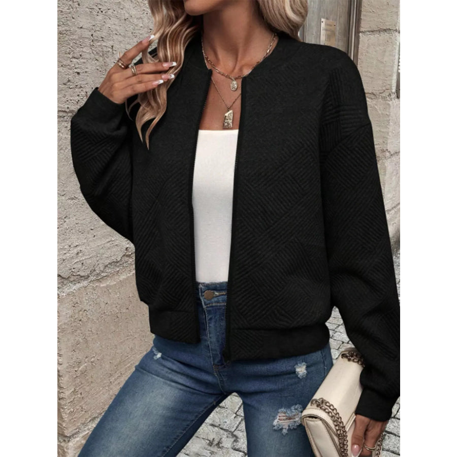 Textured Knit Zip-Up Jacket Black / S Apparel and Accessories