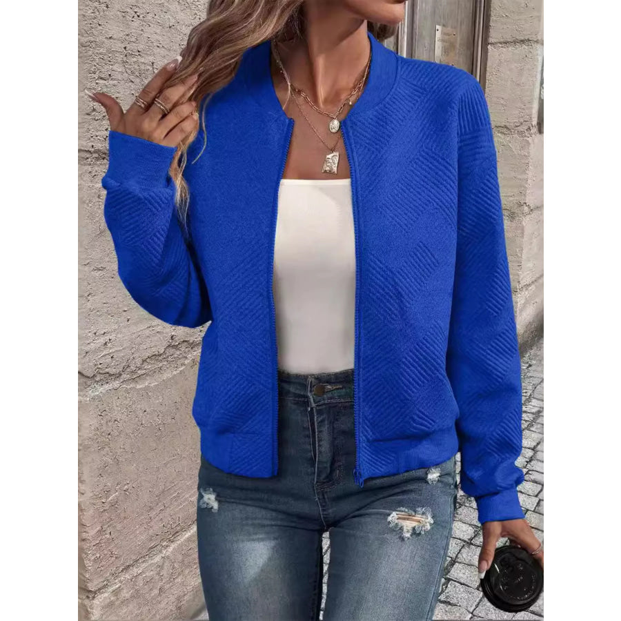Textured Knit Zip-Up Jacket Blue / S Apparel and Accessories