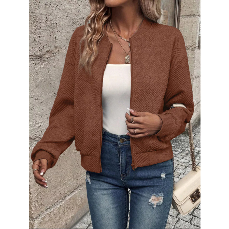 Textured Knit Zip-Up Jacket Brown / S Apparel and Accessories