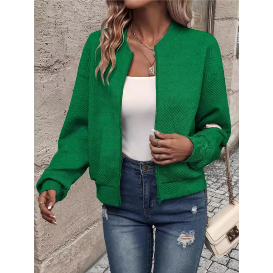 Textured Knit Zip-Up Jacket Green / S Apparel and Accessories
