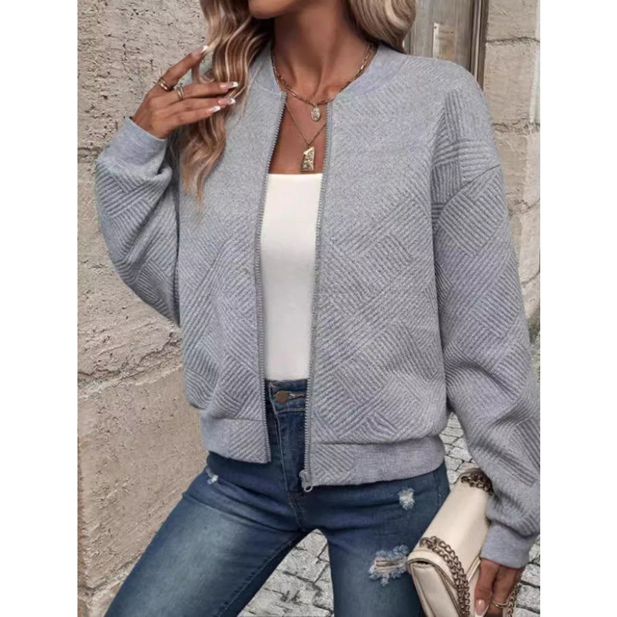 Textured Knit Zip-Up Jacket Grey / S Apparel and Accessories